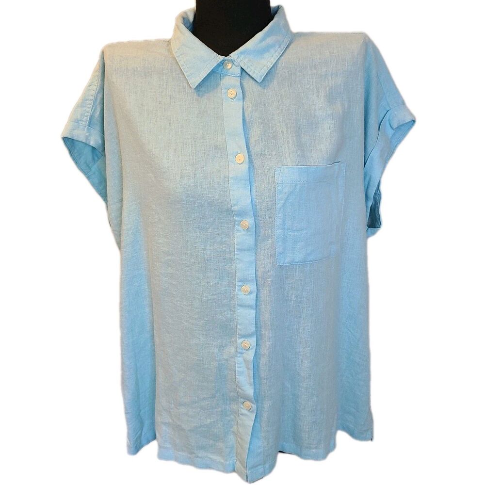 ORVIS Women’s Cap Sleeve, Button Down, Linen Blend Blouse Shirt size L Blue NWT
